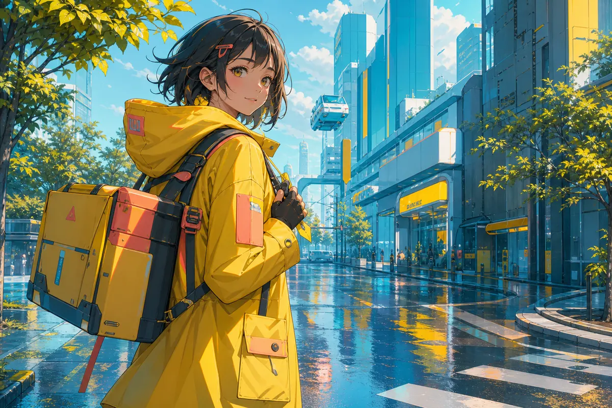 Anime courier in a futuristic city after rain