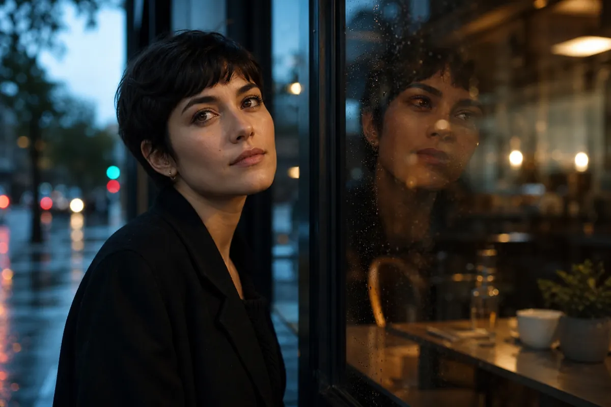 Cinematic portrait beside a rainy cafe window